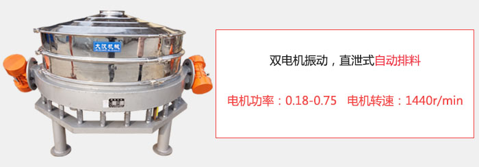 雙電機(jī)振動(dòng)，直泄式自動(dòng)排料電機(jī)功率：0.18-0.75   電機(jī)轉(zhuǎn)速：1440r/min。